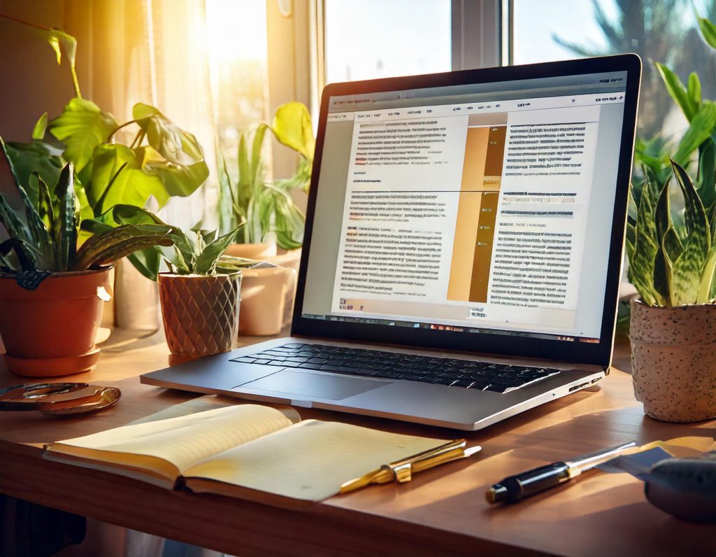 A computer on a desk, open to a text program, with a notebook and pen beside it.